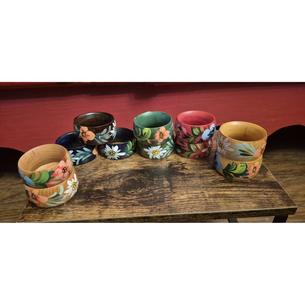 Vintage Hand Painted Wood Napkin Rings Colorful Floral Folk Art Boho Set of 11